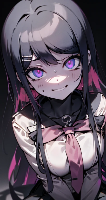 {masterpiece : best quality : high resolution : unity 8k wallpaper : illustration : beautiful detailed eyes : extremely detailed face : perfect lighting : extremely detailed CG } { nsfw : hentai } {half-monochrome} { dark horror theme } { in a dark room } { Sayaka Maizono: perfectly shape breast : glowing pink eyes : love shape pupils : hypnotized : perfectly fit body : white collar shirt and a red necktie : black skirt : evil : perverted wide grin : sweating : }