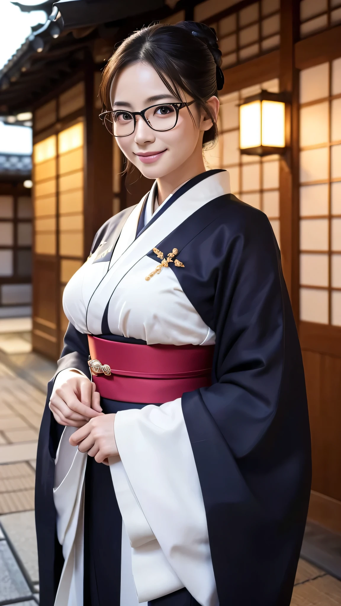 (Super beautiful woman in kimono)、((highest quality、8K masterpiece:1.3))、sharp focus:1.2、(super beautiful face:1.0)、(shiny skin:1.0)、realistic pictures、black hair、video lighting、High resolution eyes and face、video lighting、japanese actress、from the front、big breasts、with a happy smile、Slender abs beauty、whole body、wearing a kimono、in Kyoto、(((luxury obi)))、In Kyoto at night、wearing glasses with no edge、with a fan
