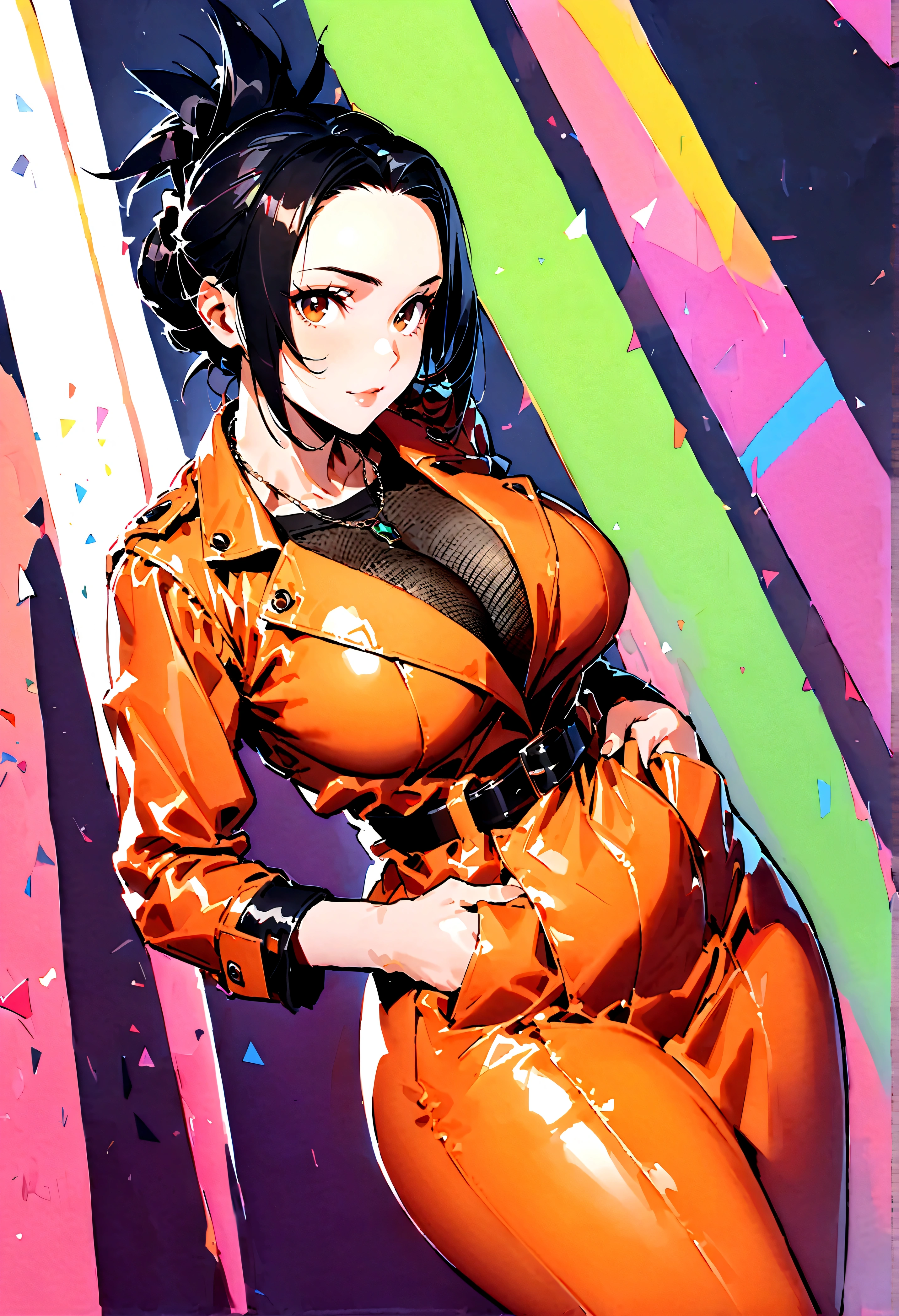 score_9,score_8_up,score_7_up,score_6_up,score_5_up,score_4_up,score_アニメ,solo, pretend,Folded ponytail,Black Hair,Brown eyes,Forehead protector,necklace,Mesh bodysuit,belt,Orange Skirt,coat, (Mature Woman),Mature Woman, (Small Head),Broad shoulders,Large Breasts,(Big hips),Thick thighs,(Long body:1.4), Venus Body,Staring at the audience,Put your hands in your pockets,From the side,