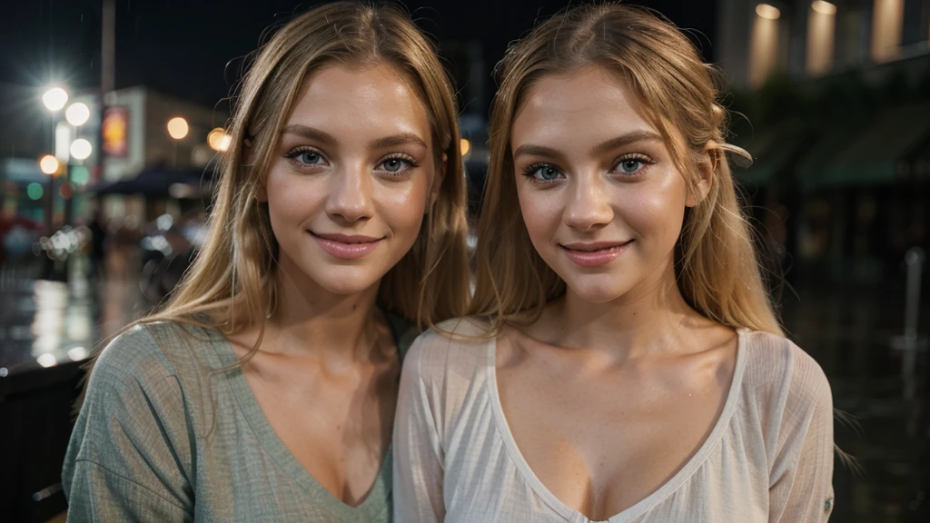 Lily Bowman), posing, modeling full body, with violet casual outfit design, sexy smile, best quality,rainy background with Green Eyes, , Ultra Realistic, Meticulously Detailed, Portrait, Blonde Hair and Big Eyes, Selfie of a Young Woman, Green Eyes, No Makeup, Natural Makeup, Looking Directly at the Camera, face artgram, subtle make-up, Impressive photo, stand, with sexy smile, Medium and large size chest, allowing the face to be seen clearly, rain night