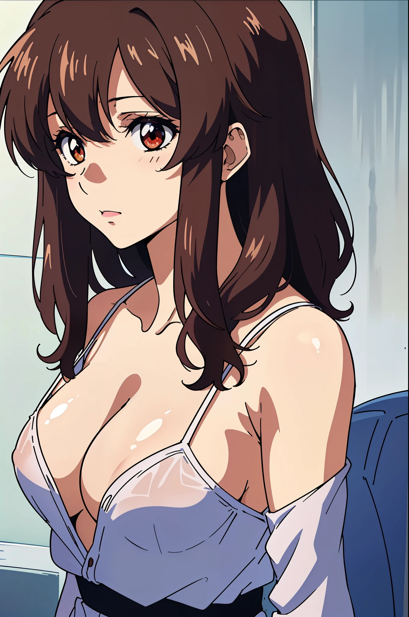 (masutepiece, Best Quality, High resolution:1.5, anime colours, megami magazine:1.2, anime poster style, anime keyvisual, sharp, 8k, photorealistic), (beautiful detailed eyes:1.5, beautiful detailed face:1.2), Murrue Ramius, 1girl, red eyes, blush, (brown hair, medium hair, bangs), (sagging huge breasts), (negligee:1.2, no bra), upper body, (Perfect detailed Anatomy, beautiful detailed hair, beautiful detailed body:1.2, shiny skin), (thick outline, Beautiful outlines, black outlines), simple background:1.5