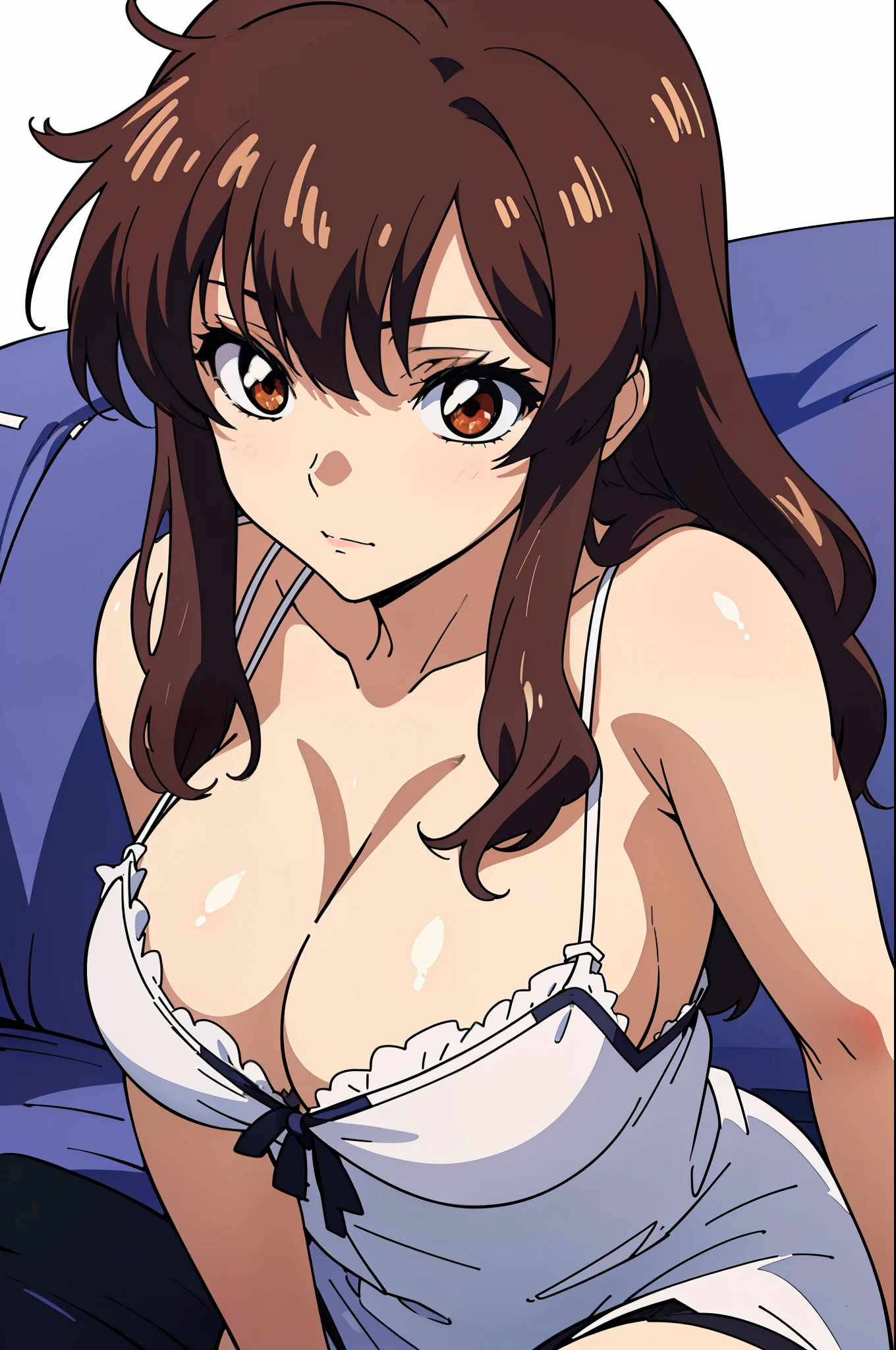 (masutepiece, Best Quality, High resolution:1.5, anime colours, megami magazine:1.2, anime poster style, anime keyvisual, sharp, 8k, photorealistic), (beautiful detailed eyes:1.5, beautiful detailed face:1.2), Murrue Ramius, 1girl, red eyes, blush, (brown hair, medium hair, bangs), (sagging huge breasts), (negligee:1.2, no bra), upper body, (Perfect detailed Anatomy, beautiful detailed hair, beautiful detailed body:1.2, shiny skin), (thick outline, Beautiful outlines, black outlines), simple background:1.5