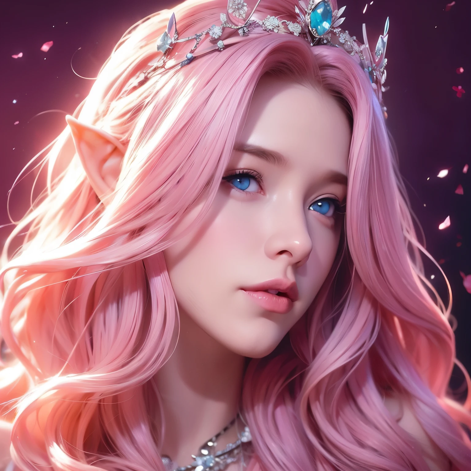 Woman, long wavy hair, pink hair, blue eyes, elf, queen, crown, elegant, burgundy lipstick