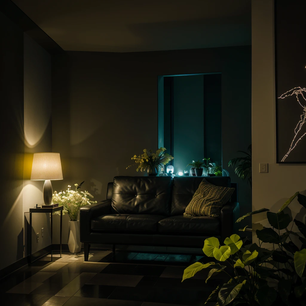 Futuristic living room at night, with a dim yellow ambient lighting, flowering plants, and a modern art decor on the dark wall