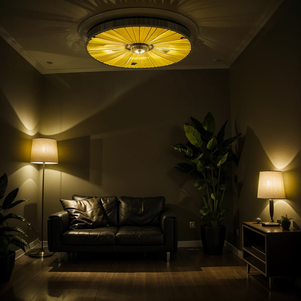 Futuristic living room at night, with a dim yellow ambient lighting, flowering plants,  and a modern art decor on the dark wall