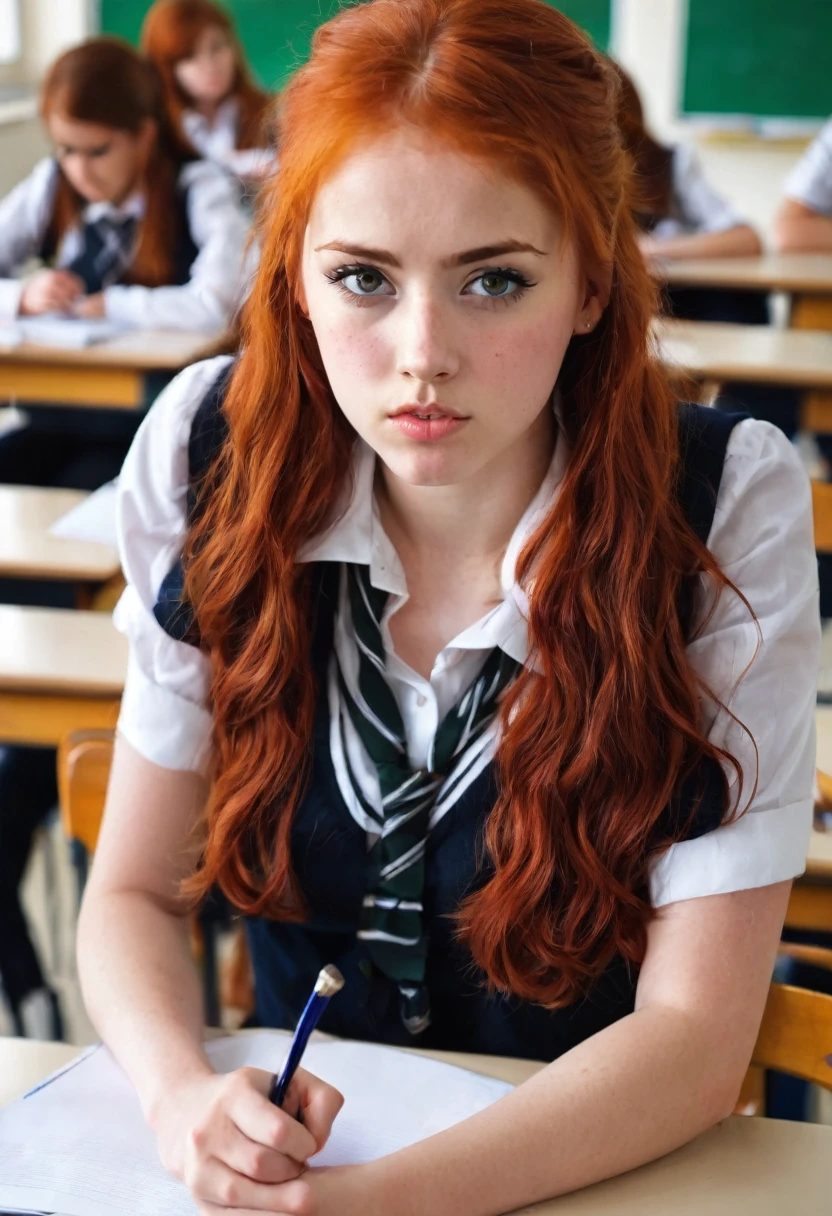sitting at a table with red hair, Sexy photo of a very young sexy woman, 15 year old girl with messy red hair, Beautiful redhead, juicy figure, big breasts, wonderful big eyes and full lips, at school , In the classroom context, Attire, She is angry, bothers, Angry, sits at the table, Beautiful
