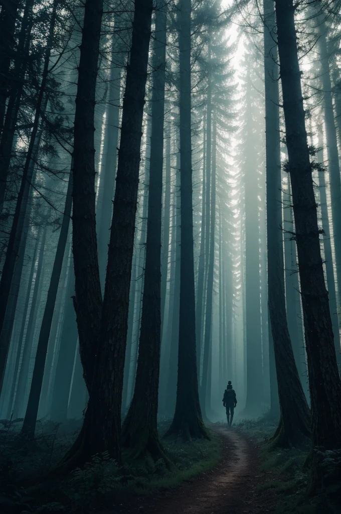 dark forest with humanoid silhouettes, dark content, 8k, ultra realistic, highly detailed art