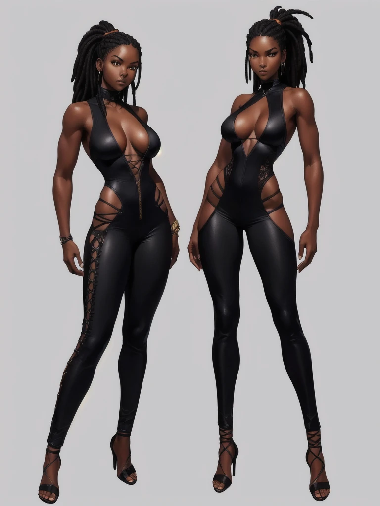 ((best quality)), ((4k)), ((highres)), ((masterpiece:1.2)). ((detailed)), ((ultra realistic)), ((intricate details)), ((full body picture)), ((solo character)), a full body picture of a beautifull Ebony skinned female, black woman, dark skin, ebony princess, ebony model, perfect face, detailed eyes, detailed lips, about 25 years old, about 5'7 ft. tall, long thin black dreadlocks down to her hips, ((emphasis on her long thin black dreadlocks down to her hips)), pretty, feminine woman, toned body but not too muscular looking, hourglass figure, dressed in a skin-tight sleeveless full body orange jumpsuit, ((emphasis on the skin-tight sleeveless full body orange jumpsuit)), gold adornments, showing cleavage, glamorous, strappy lace up high, fighting game character concept art, tekken character design, the king of fighters character concept, full bofy, full body concept art, full body art