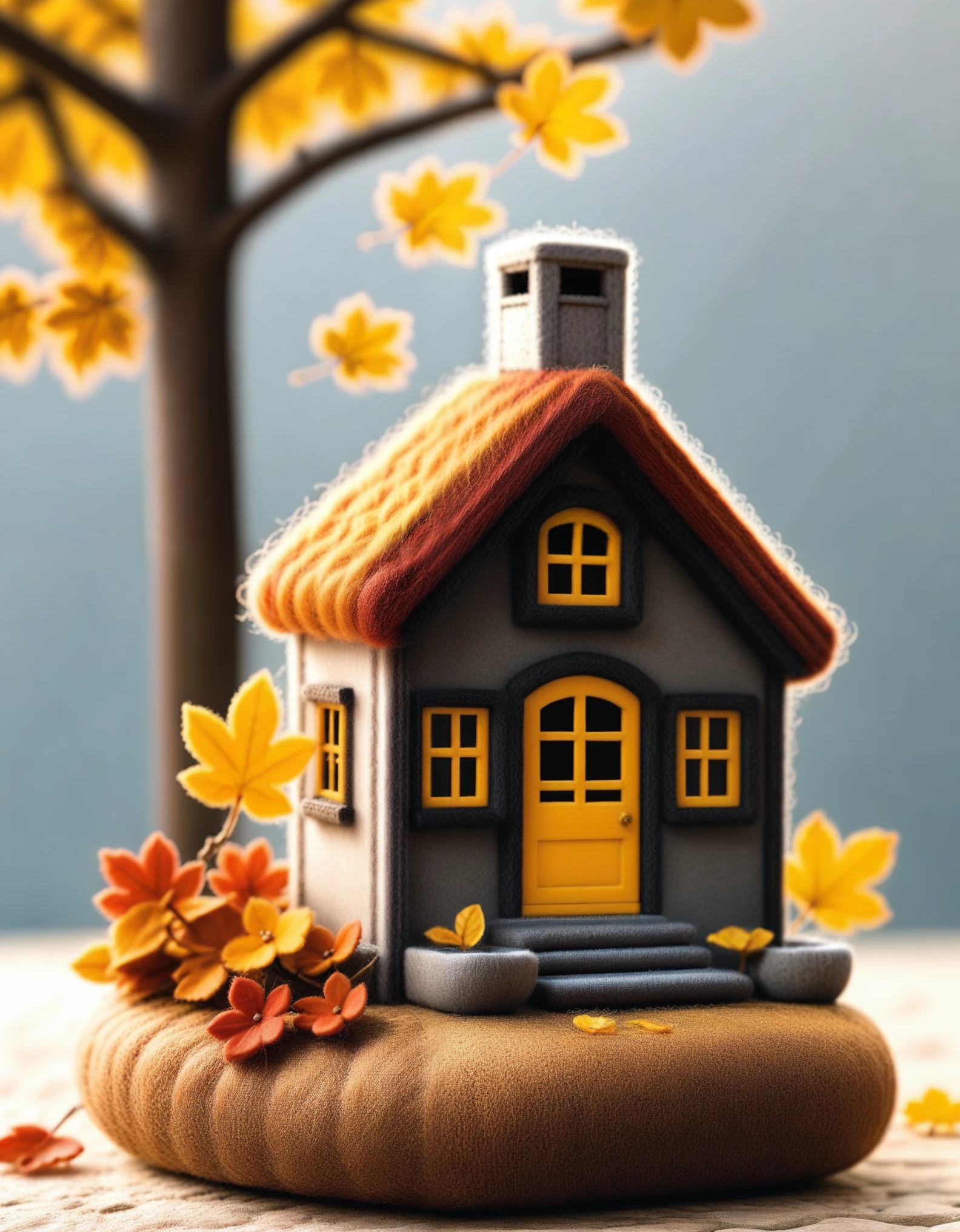 maozhan, felt style, masterpiece,high quality, the image showcases a meticulously crafted miniature house surrounded by autumnal leaves. The house has a cozy appearance with a woolen roof,adorned windows,and a chimney. The backdrop features trees with golden-yellow leaves,suggesting a serene autumn setting.,