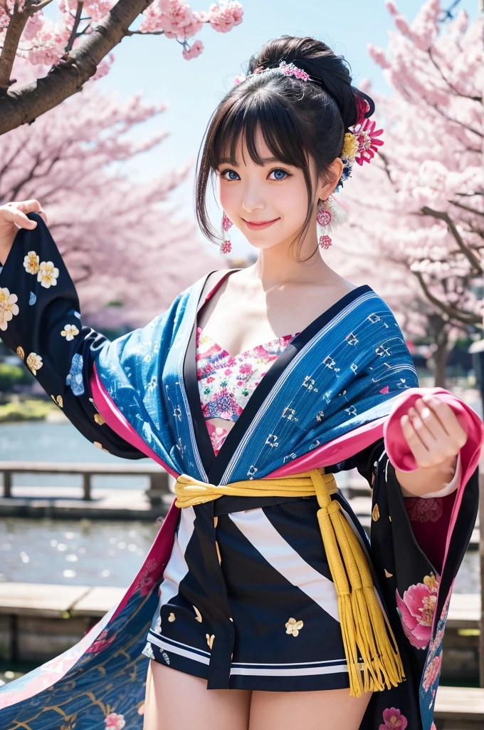 dynamic dancing moves with full of energy and movement, jumping high, full body portrait, happy expression, Japanese festival, with lively action poses, Positive Space, asymmetry, dynamic angle, A detailed illustration of an anime girl with blue eyes wearing a black kimono with Japanese patterns, wearing white cloak white shorts, black tube-top, She has white long hair tied back by a flower hair ornament, with colorful deep blue, black, pink, gold and white colors, surrounded by hexagons with various patterns and textures, Japanese Ancient bridge, happy expression, A black and white checkered pattern background surrounded by hexagons with various patterns in background, floral designs, and geometric shapes, In the background there are some sakura trees., cartoon character design, this is a full body portrait in vibrant colors, colorful illustrations, highly detailed, high resolution, in the style of digital painting, natural lighting