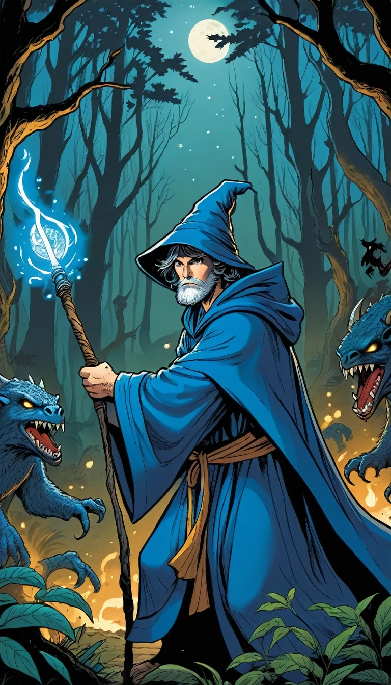 comic 1 wizard in a forest. wearing a blue robe, holding a magic staff, fighting against several monsters, surrounded . At night, graphic illustration, comic art, graphic novel art, vibrant, highly detailed