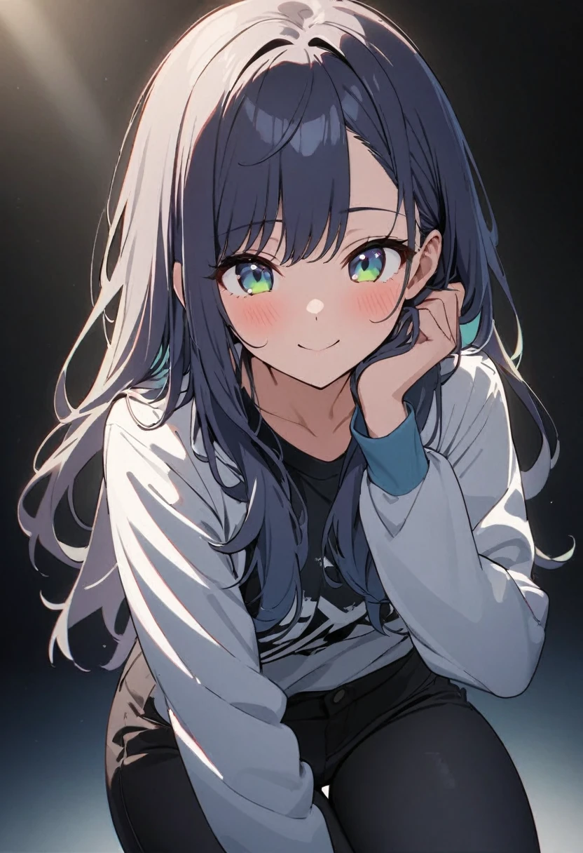 Kurokawa Akane、My Favorites 、illuminated by spotlight、A radiant smile、Long Hair、Casual white long sleeve、Black long pants、Navy Blue Hair、Navy blue and blue-green eyeasterpiece、Highest quality、Perfect Face、beautiful、Delicate face、Perfect Face立ち、Cute Face、最高masterpiece、Highest quality、Dark Background