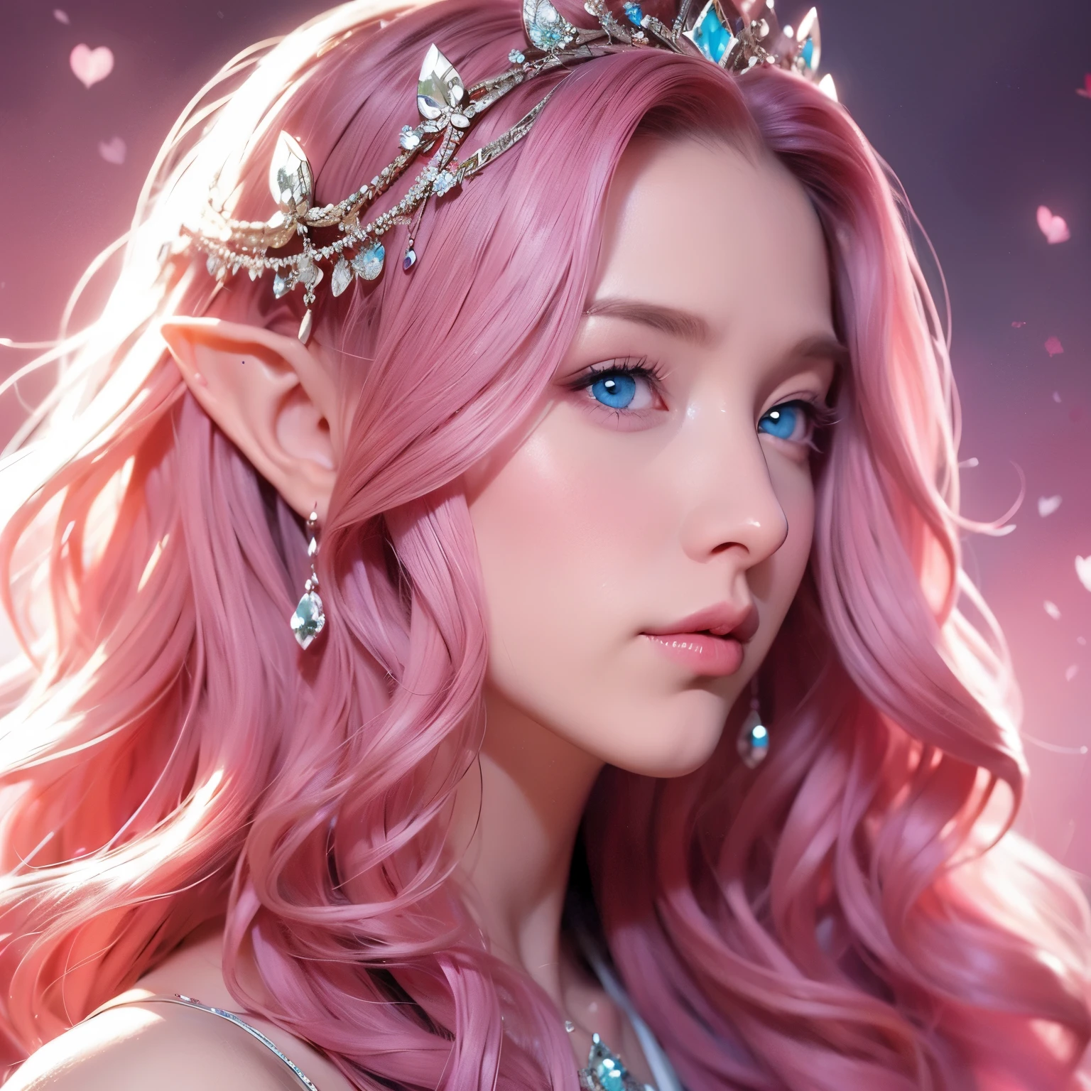 Woman, long wavy hair, pink hair, blue eyes, elf, queen, crown, elegant, burgundy lipstick