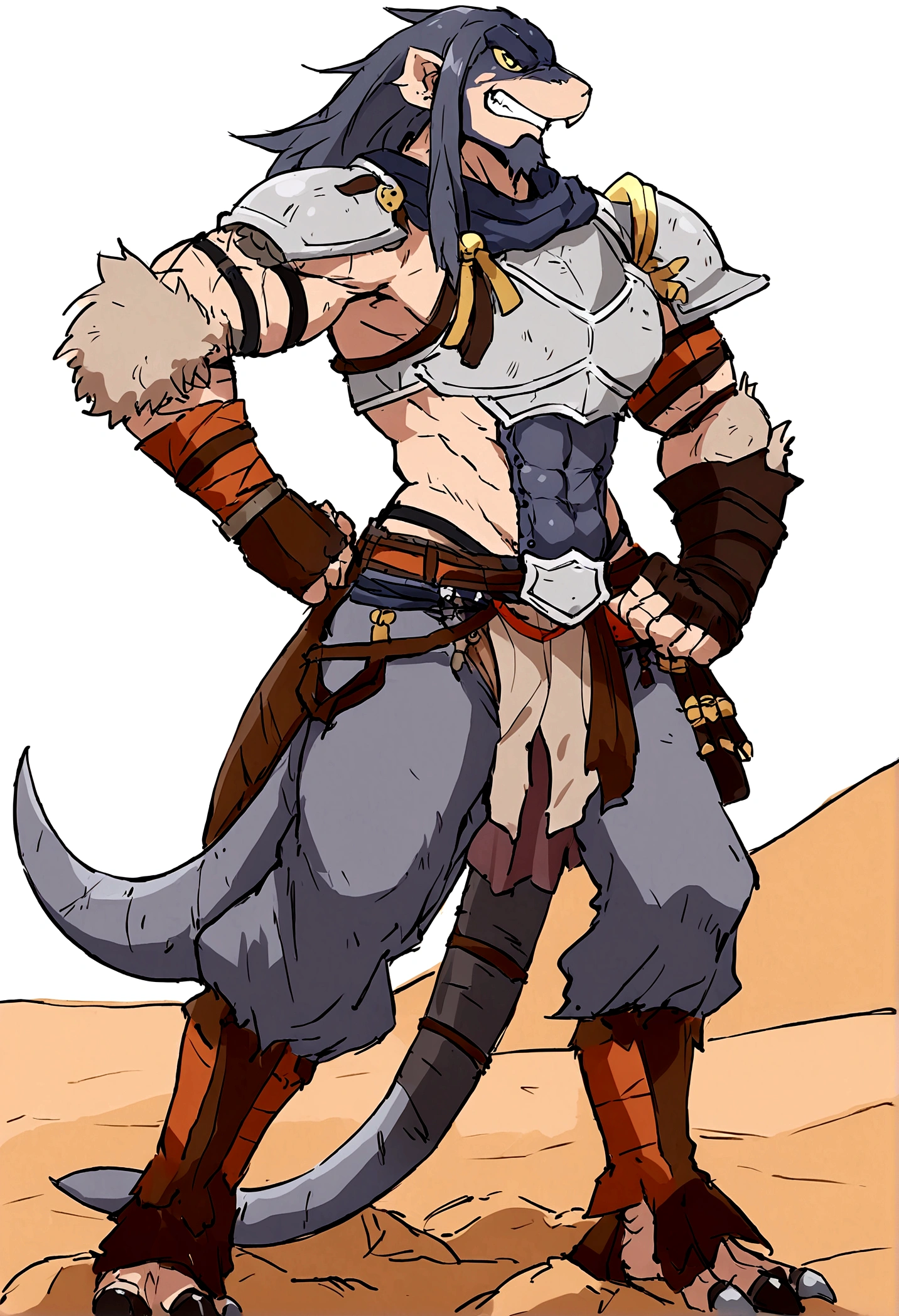  
Solo Sexy anthro scalie dragon male mercenary medieval solider, slim endomorph muscular handsome model male apperance, sword scars, worn out rusty skimpy armament, low on hips heavy leather belt, old very worn out skimpy dirty linen material jockstrap, old yellow dirty worn out stains on white jockstrap, skimpy armlets studded breastplate armor, skimpy rusty breastplate, leather biceps tighs bondages, fingerless leather gloves, smelly unwashed husk, dirty body look, desert battlefield, battlefield aftermatch, standing in fighting ready position, legs wide open, close view of full character, angry hesitant, watchful eyes, angry, clenches his teeth