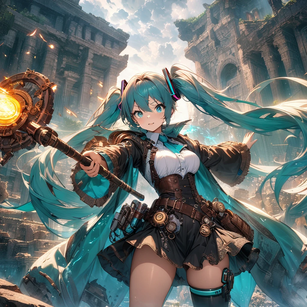 (masterpiece), (highest quality), (illustration), (super detailed), (high resolution), absurdity,1girl,Hatsune Miku ,adventurer, lively background,detailed eyes, flowing cape, magical aura, holding a staff, exploring ancient ruins, encountering mythical creatures, dynamic pose, futuristic gadgets, fantasy world, ethereal atmosphere, intense shadows, action-packed scene, dynamic camera angle, glowing runes, epic battle, immersive environment, mysterious artifacts, steampunk elements, intricate details, intricate costume, expressive face, stormy weather, flying dragons, ancient temples, mystical energy, breathtaking landscapes