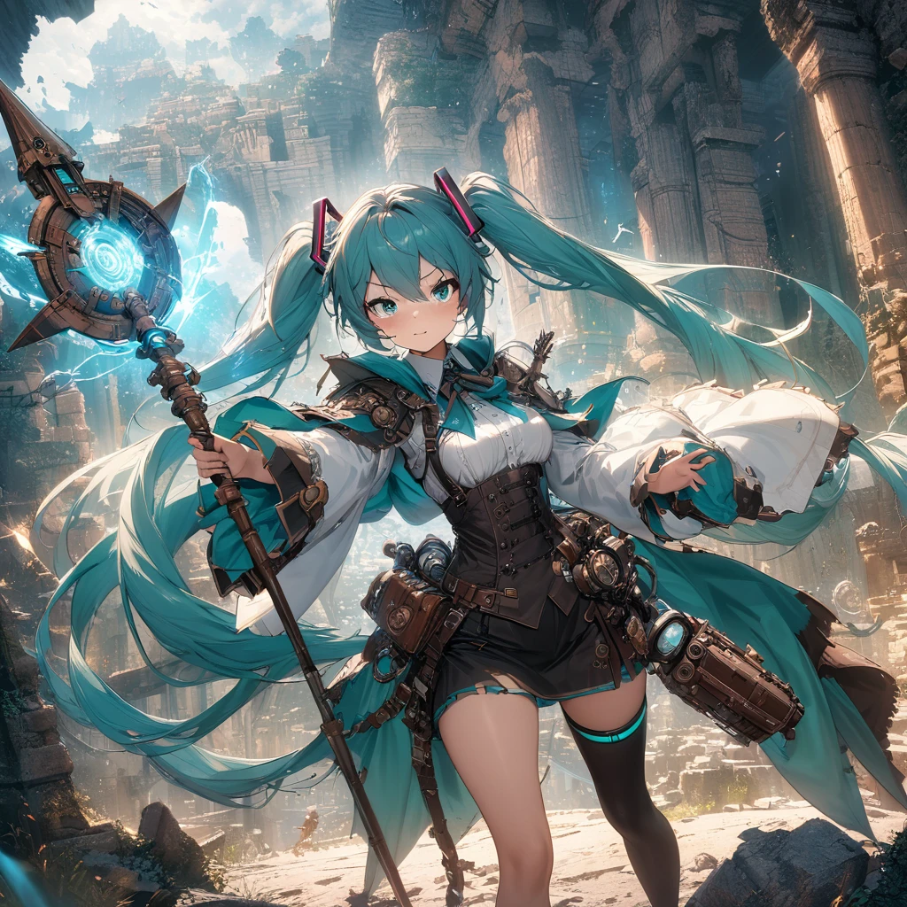 (masterpiece), (highest quality), (illustration), (super detailed), (high resolution), absurdity,1girl,Hatsune Miku ,adventurer, lively background,detailed eyes, flowing cape, magical aura, holding a staff, exploring ancient ruins, encountering mythical creatures, dynamic pose, futuristic gadgets, fantasy world, ethereal atmosphere, intense shadows, action-packed scene, dynamic camera angle, glowing runes, epic battle, immersive environment, mysterious artifacts, steampunk elements, intricate details, intricate costume, expressive face, stormy weather, flying dragons, ancient temples, mystical energy, breathtaking landscapes