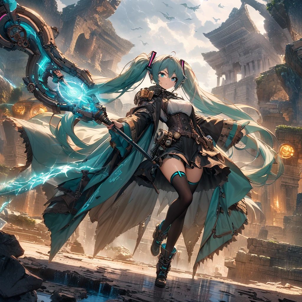 (masterpiece), (highest quality), (illustration), (super detailed), (high resolution), absurdity,1girl,Hatsune Miku ,adventurer, lively background,detailed eyes, flowing cape, magical aura, holding a staff, exploring ancient ruins, encountering mythical creatures, dynamic pose, futuristic gadgets, fantasy world, ethereal atmosphere, intense shadows, action-packed scene, dynamic camera angle, glowing runes, epic battle, immersive environment, mysterious artifacts, steampunk elements, intricate details, intricate costume, expressive face, stormy weather, flying dragons, ancient temples, mystical energy, breathtaking landscapes