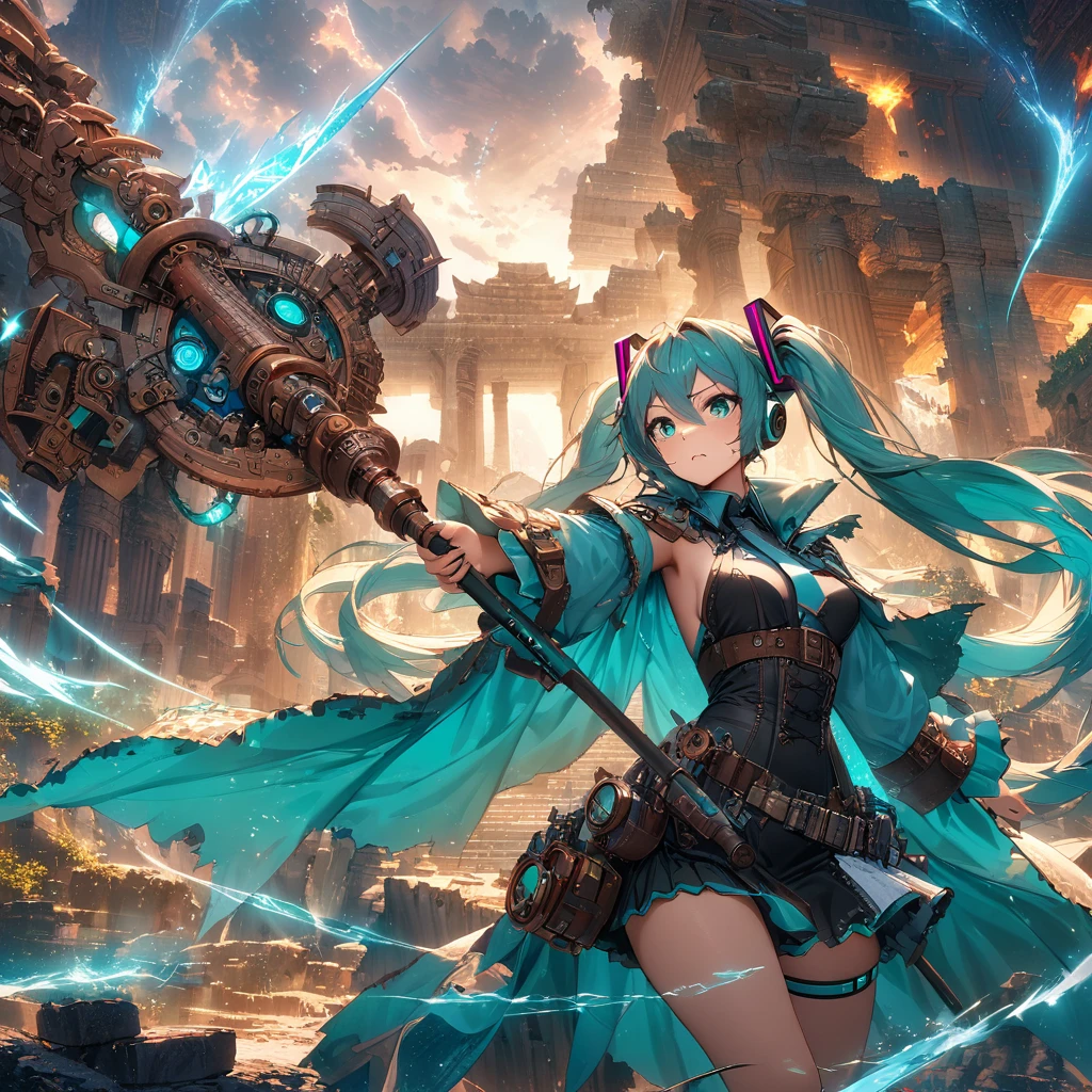 (masterpiece), (highest quality), (illustration), (super detailed), (high resolution), absurdity,1girl,Hatsune Miku ,adventurer, lively background,detailed eyes, flowing cape, magical aura, holding a staff, exploring ancient ruins, encountering mythical creatures, dynamic pose, futuristic gadgets, fantasy world, ethereal atmosphere, intense shadows, action-packed scene, dynamic camera angle, glowing runes, epic battle, immersive environment, mysterious artifacts, steampunk elements, intricate details, intricate costume, expressive face, stormy weather, flying dragons, ancient temples, mystical energy, breathtaking landscapes