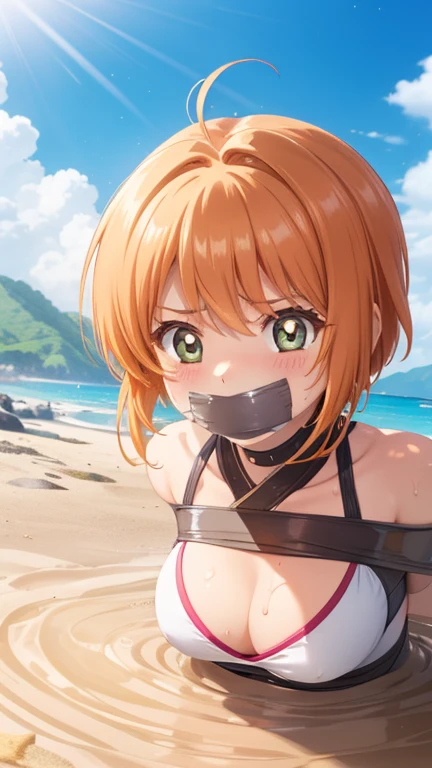 masterpiece, best quality, highres, 1girl, detailed face, blush, anime CG style, (medium breasts), (18 year old girl), good lighting, perfect body, sakura kinomoto, swimsuit, (tape gag), (tape bound), arms bound, eyes wide, pupils dilated,  beach, (quicksand:1.3), cleavage