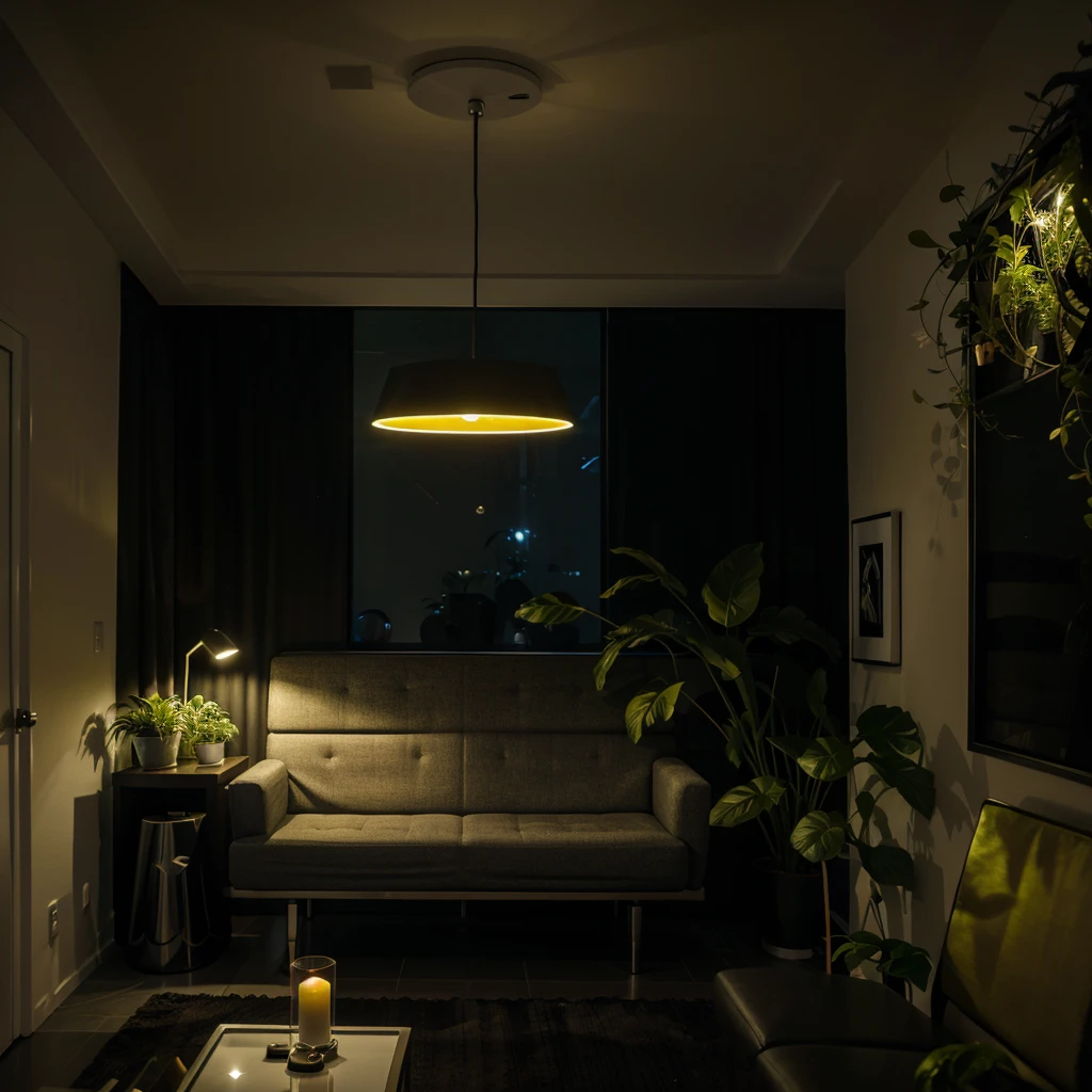 Futuristic living room at night, with a dim yellow ambient lighting, flowering plants, and a modern art decor on the dark wall