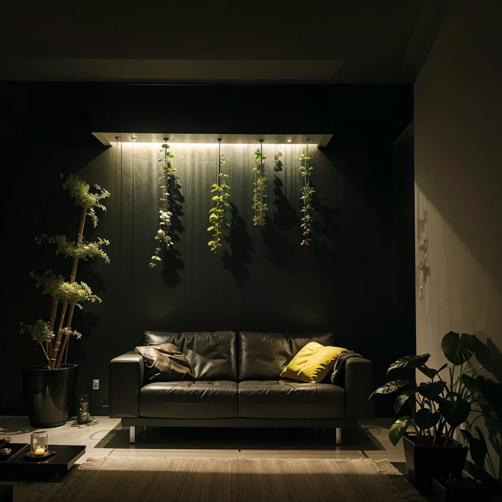 Futuristic living room at night, with a dim yellow ambient lighting, flowering plants, and a modern art decor on the dark wall