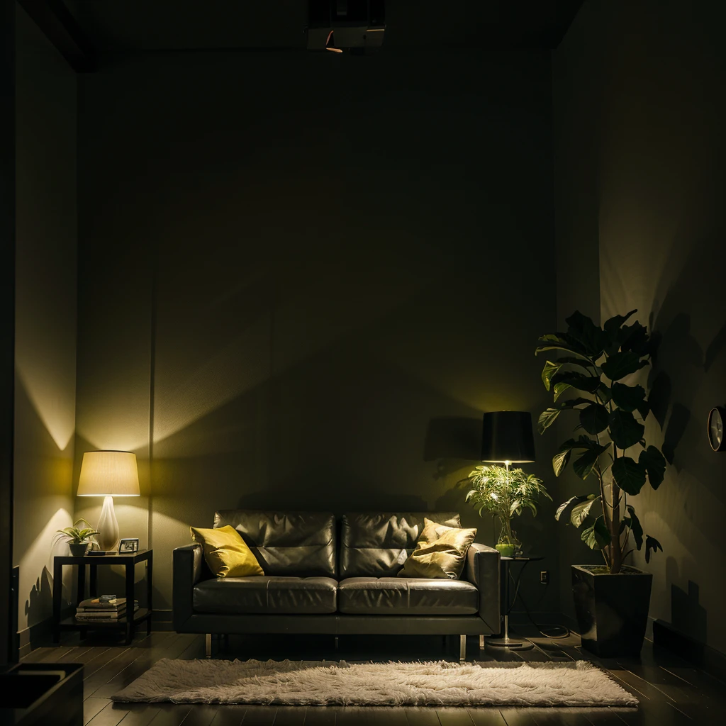 Futuristic living room at night, with a dim yellow ambient lighting, flowering plants, and a modern art decor on the dark wall