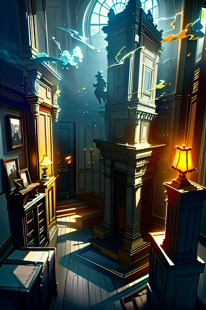 Description of the theatrical scene My hometown Theatrical perspective Mowaja (interior night): large windows, inside the house, reception room, fireplace, old books, old suitcase, some statues, paintings and everything that brings peace and tranquility, high quality, hyper reality, smoke, gray and yellow colors