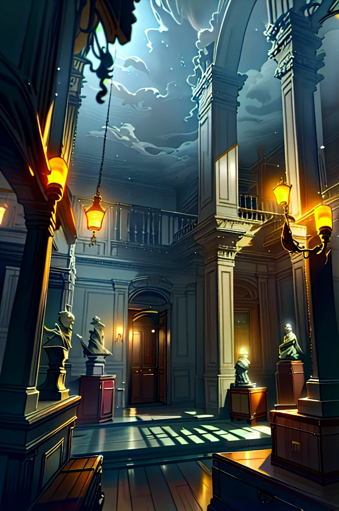 Description of the theatrical scene My hometown Theatrical perspective Mowaja (interior night): large windows, inside the house, reception room, fireplace, old books, old suitcase, some statues, paintings and everything that brings peace and tranquility, high quality, hyper reality, smoke, gray and yellow colors