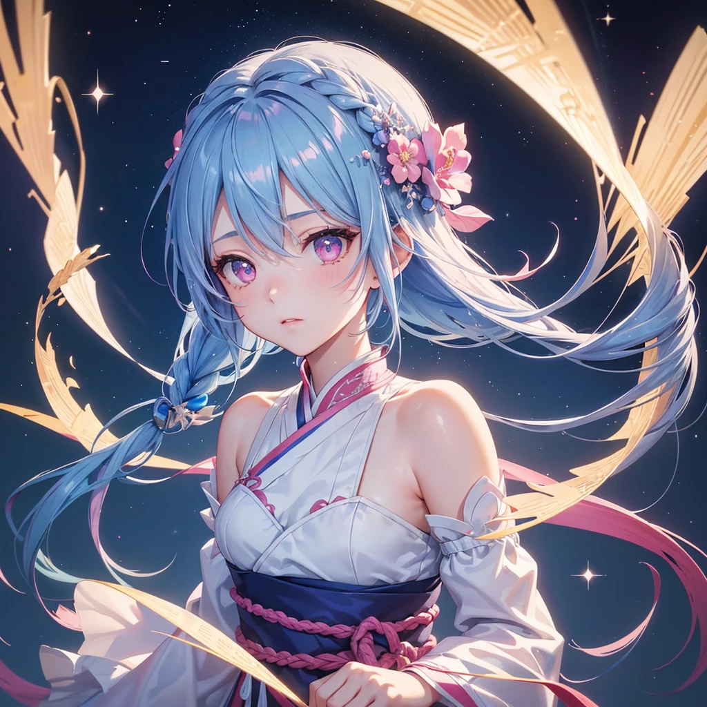 Sky blue hair,braid,(Pink Eyes),Fair skin ,(whole body),(One girl),Hanfu,Tanabata,(The beautiful, sparkling Milky Way in the night sky),Lonely Eyes,,(masterpiece, Highest quality, Very detailed, Best Shadow), (Detailed Background), (Beautifully detailed face), High Contrast, (Best lighting, Very delicate and beautiful), ((Cinematic Light)), colorful, Hyper Detail, Dramatic Light, Intricate details,