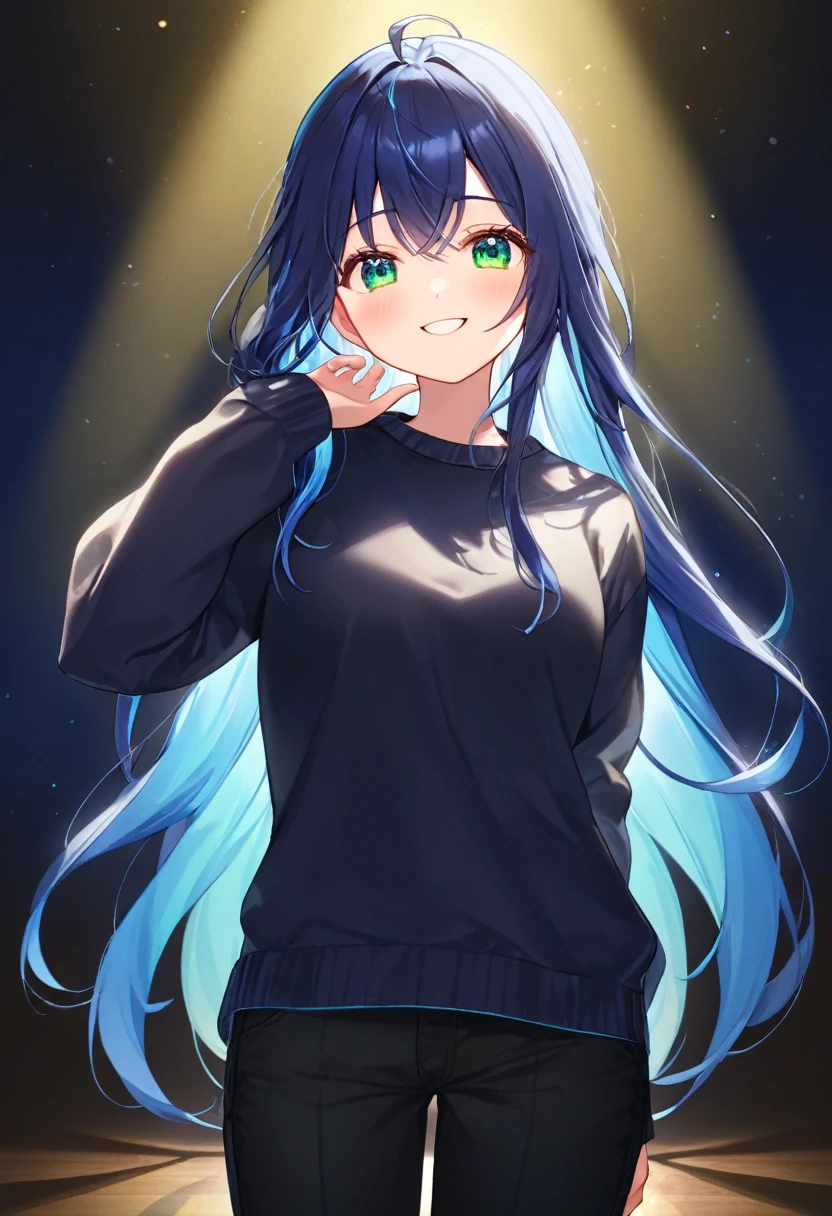 Kurokawa Akane、My Favorites 、illuminated by spotlight、A radiant smile、Long Hair、Casual white long sleeve、Black long pants、Navy Blue Hair、Navy blue and blue-green eyeasterpiece、Highest quality、Perfect Face、beautiful、Delicate face、Perfect Face立ち、Cute Face、最高masterpiece、Highest quality、Dark Background