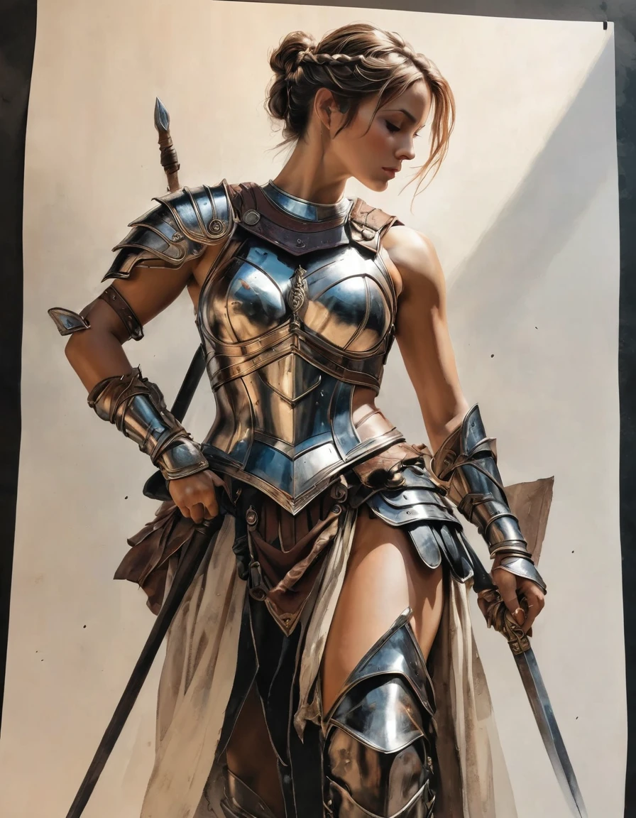 smooth lines, Express expressions and postures through ink contrast, The background is simple. emphasize light, shadow and space. ((full body):1.3), Drawing of Mature beauty. ((Detailed eye):1.3),((fresh)), wearing gladiator armor, painting, (best quality,4K,8k,high resolution,masterpiece:1.2),Super detailed,(actual,photoactual,photo-actual:1.37).Clean abs,