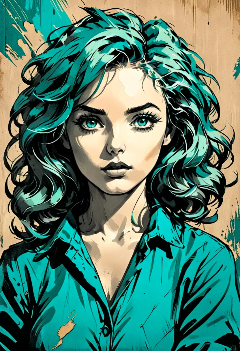 A woman in a situation?, sketch, amber to teal color palette, detailed features, cute, vintage style, high contrast lighting, expressive eyes, tousled hair. (best quality, high res, realistic:1.37), vintage, monochrome, intense gaze, dramatic lighting, rugged background, distressed paper texture, retro vibes, id photo, front view, Surround the woman with abstract art cliches, 