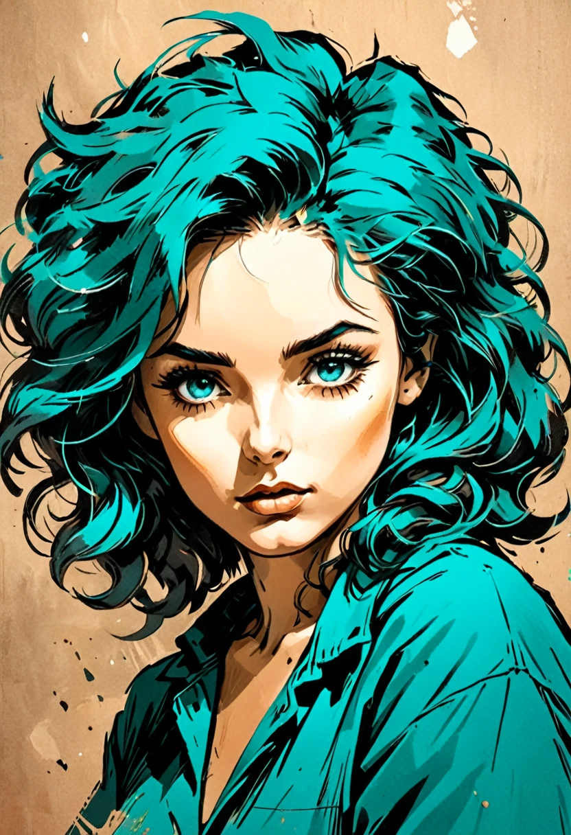 A woman in a situation?, sketch, amber to teal color palette, detailed features, cute, vintage style, high contrast lighting, expressive eyes, tousled hair. (best quality, high res, realistic:1.37), vintage, monochrome, intense gaze, dramatic lighting, rugged background, distressed paper texture, retro vibes, id photo, front view, Surround the woman with abstract art cliches, 