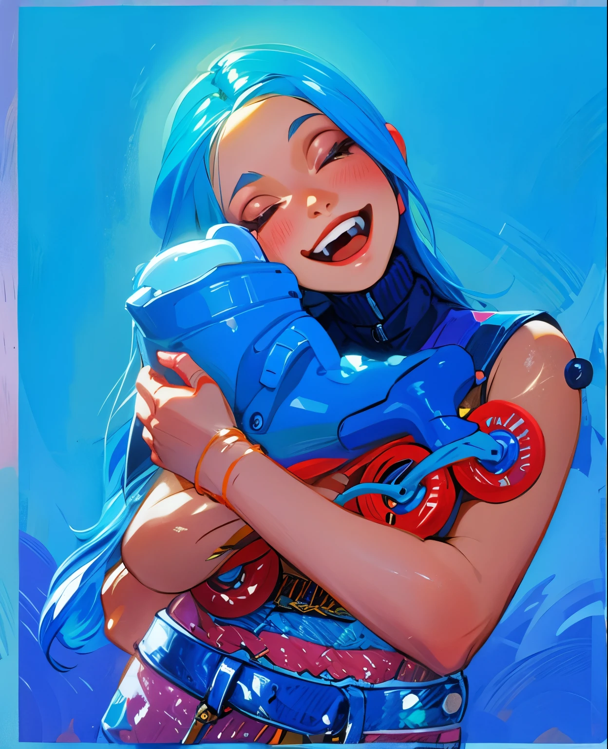 a beautiful young woman holding a blue roller skate