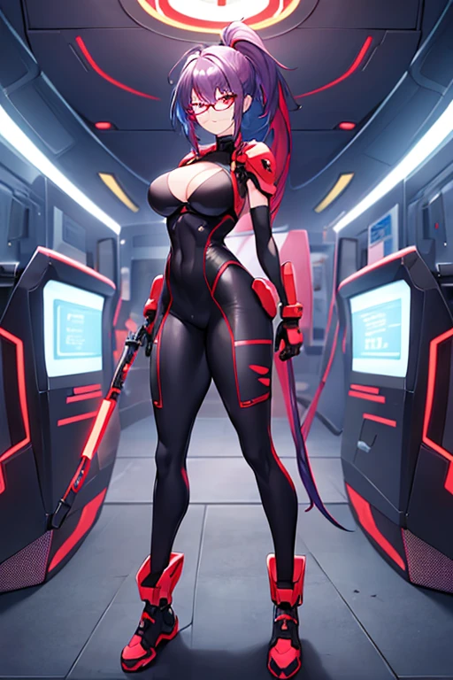 1girl, red eyes, blue hair, very short hair, ponytail, large breasts, hourglass figure, bodysuit, black bodysuit, neon, neon trim, machinery, tech, science-fiction, red glasses, futuristic, smile, standing, full body, ((full body)), shoulder armor, long ponytail, braided bonytail, braid, single braid, ((long ponytail)), arms down, hands down