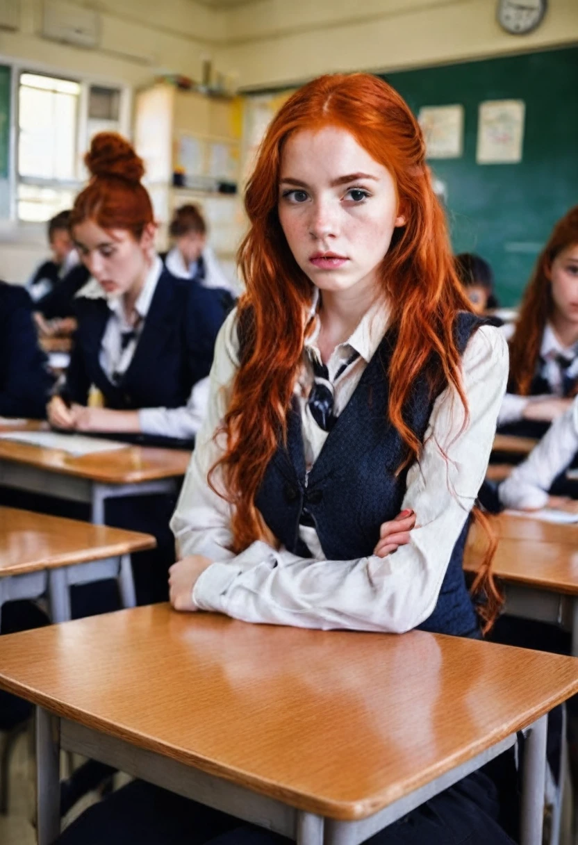 sitting at a table with red hair, Sexy photo of a very young sexy woman, 15 year old girl with messy red hair, Beautiful redhead, juicy figure, big breasts, wonderful big eyes and full lips, at school , In the classroom context,  Attire, She is angry, bothers, Angry, sits at the table, Beautiful , deep neckline, 