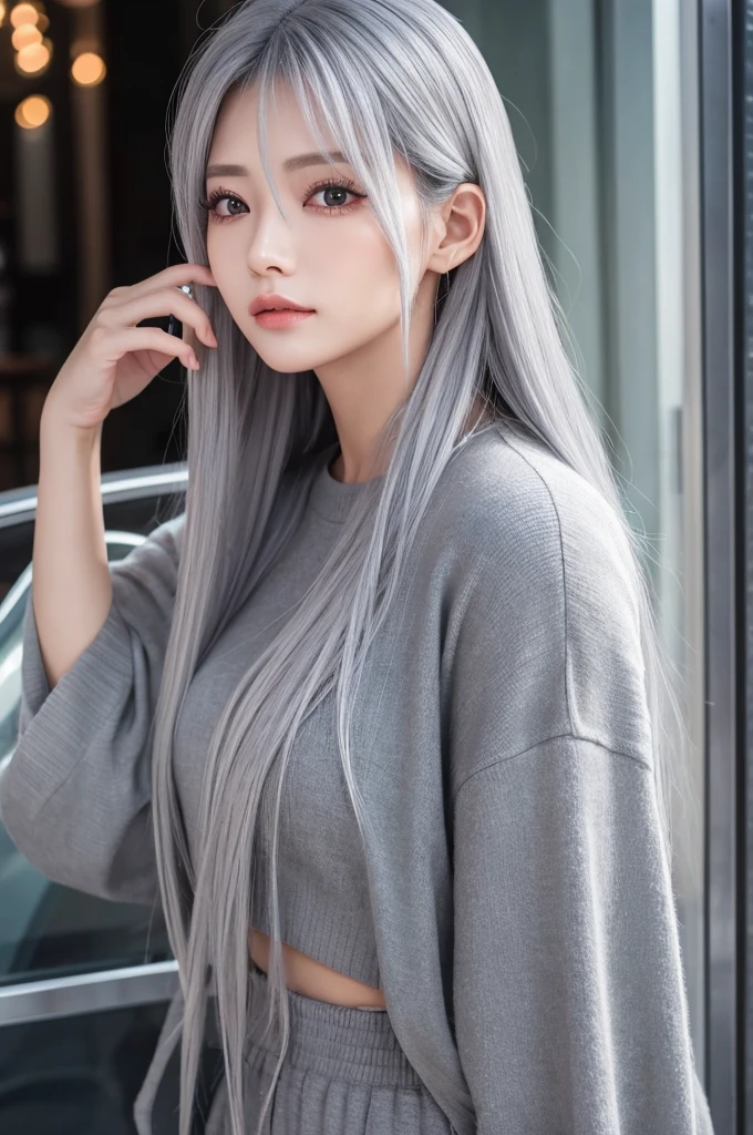 One beautiful woman，Gray Hair，Long Hair，Half an eye，Long eyelashes，pants