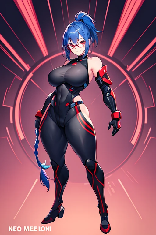 1girl, red eyes, blue hair, very short hair, ponytail, large breasts, hourglass figure, bodysuit, black bodysuit, neon, neon trim, machinery, tech, science-fiction, red glasses, futuristic, smile, standing, full body, ((full body)), shoulder armor, long ponytail, braided bonytail, braid, single braid, ((long ponytail)), arms down, hands down