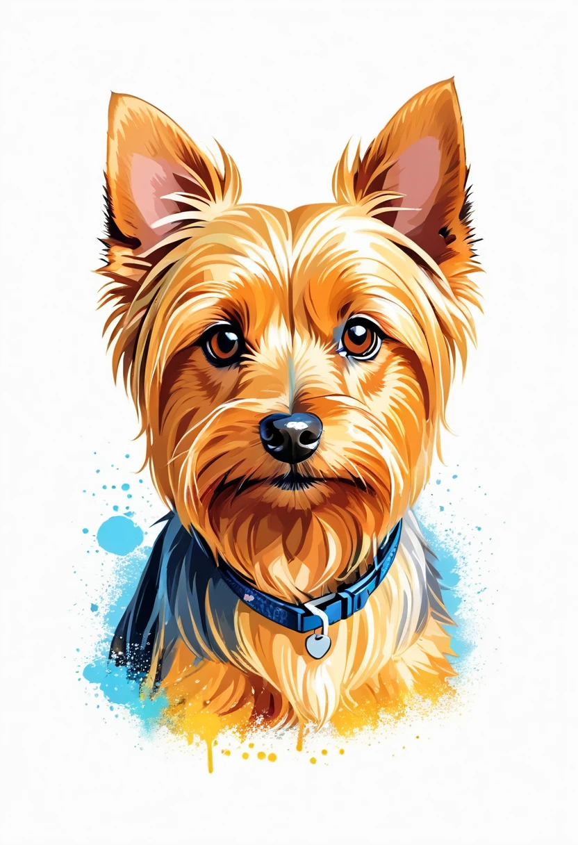 A t-shirt with graphic design art, flat illustration of an Australian Silky Terrier Dog, cuddly, colorful tones, highly detailed cleanliness, imagem vectorial, photorealistic masterpiece, professional photograpy, plain white background, isometric, Vibrant, vector