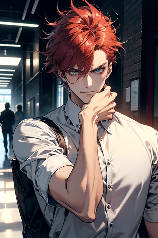 (tmasterpiece, high resolution, ultra - detailed:1.0), (1 male, masculine face), Perfect male body, tall and strong, Adult male, Delicate eyes and delicate face, Extremely detailed CG, Unity 8k wallpaper, Complicated details, Detailed face, (red hair, messy hair, serious faces, white shirts,Bad students), (frown,evil smile:1.3), stad in school corridor, street style, color difference, Depth of field, dramatic shadow, Ray tracing, Best quality, Cinematic lighting, offcial art,Portrait