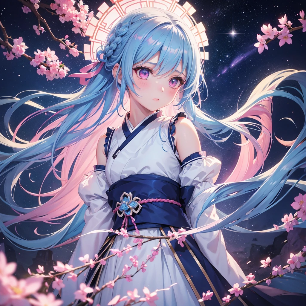 Sky blue hair,braid,(Pink Eyes),Fair skin ,(whole body),(One girl),Hanfu,Tanabata,(The beautiful, sparkling Milky Way in the night sky),Lonely Eyes,,(masterpiece, Highest quality, Very detailed, Best Shadow), (Detailed Background), (Beautifully detailed face), High Contrast, (Best lighting, Very delicate and beautiful), ((Cinematic Light)), colorful, Hyper Detail, Dramatic Light, Intricate details,