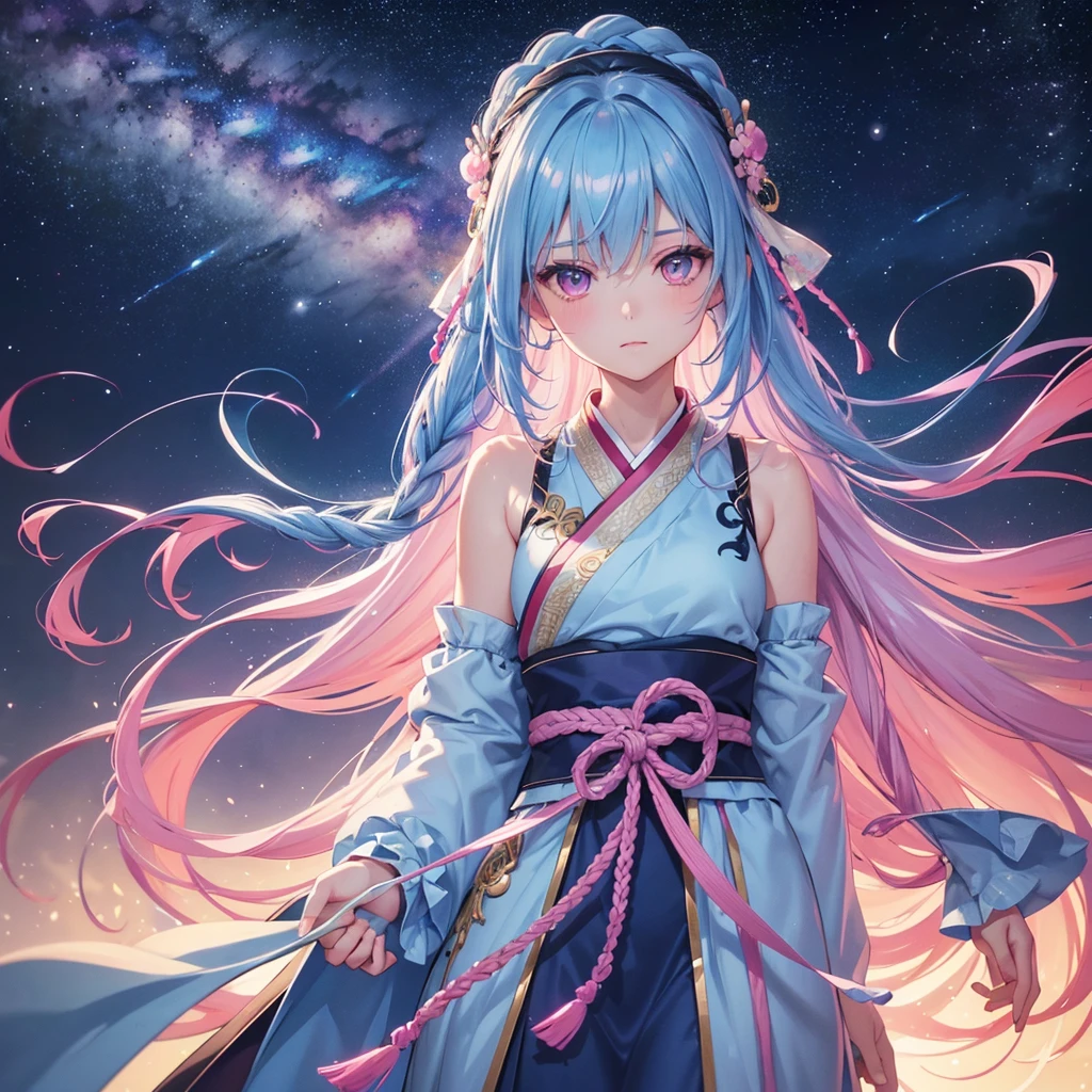 Sky blue hair,braid,(Pink Eyes),Fair skin ,(whole body),(One girl),Hanfu,Tanabata,(The beautiful, sparkling Milky Way in the night sky),Lonely Eyes,,(masterpiece, Highest quality, Very detailed, Best Shadow), (Detailed Background), (Beautifully detailed face), High Contrast, (Best lighting, Very delicate and beautiful), ((Cinematic Light)), colorful, Hyper Detail, Dramatic Light, Intricate details,