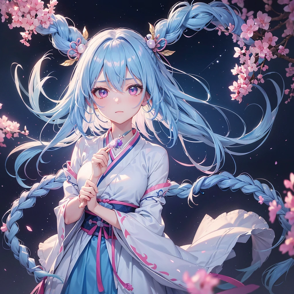 Sky blue hair,braid,(Pink Eyes),Fair skin ,(whole body),(One girl),Hanfu,Tanabata,(The beautiful, sparkling Milky Way in the night sky),Lonely Eyes,,(masterpiece, Highest quality, Very detailed, Best Shadow), (Detailed Background), (Beautifully detailed face), High Contrast, (Best lighting, Very delicate and beautiful), ((Cinematic Light)), colorful, Hyper Detail, Dramatic Light, Intricate details,