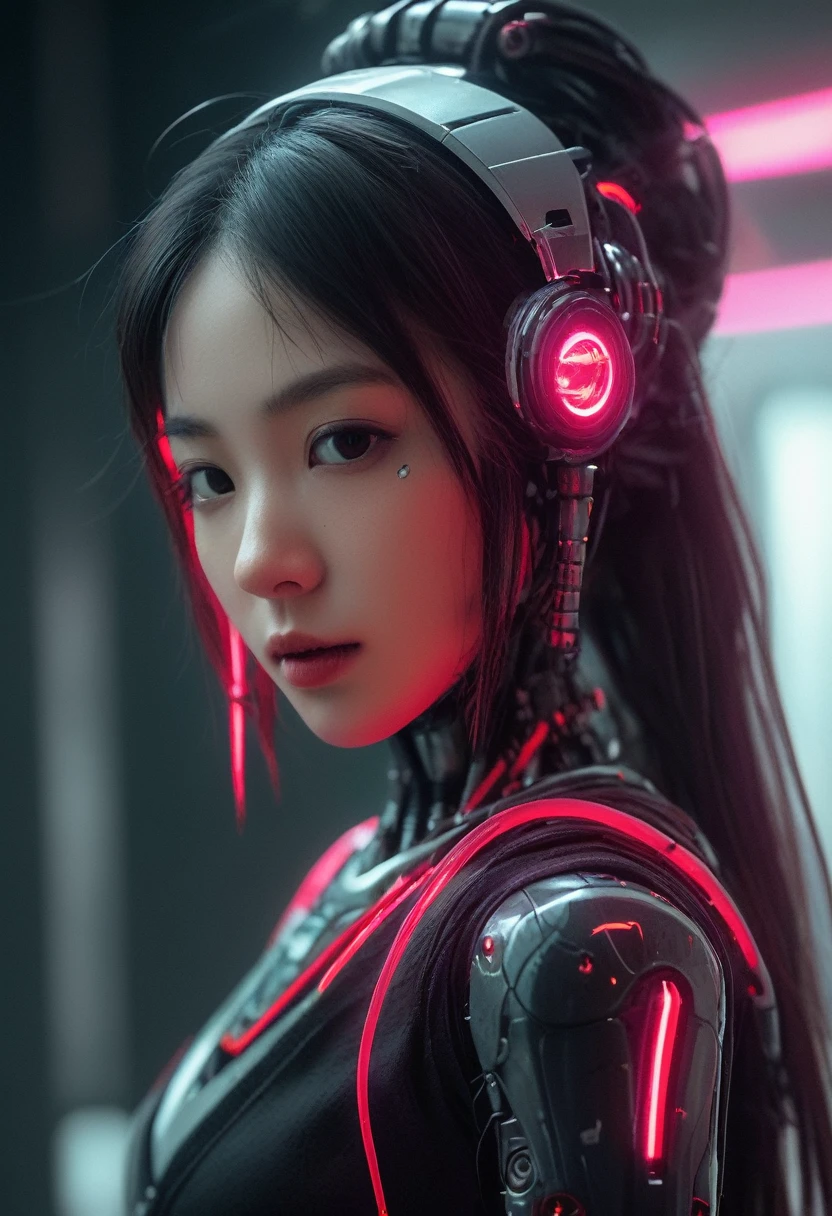 xxmixgirl. Highly detailed professional 35mm film, bokeh, face in sharp focus. A robotic female, Miku, with ((metal skin)), ((perfect Asian eyes)) with magenta irises and ((black pupils)), beautiful serious (detailed face), 18 year old ((photorealistic face)), very long magenta twin tails of magenta hair, twin black hair ties with a single red stripe. She may have a black audio headpiece. We can see her ((full body)) down to her boot soles. Her outfit is a sleeveless collared light grey shirt, outlined in red around the frilled collar and hems. Shiny reflective ((metallic breast cups, dimpleless)), invisible nipples. She wears black sleeves with red hems that start around her upper arm and bellow out as the sleeves open and extend to her wrists, with wide trumpet red rimmed cuffs. She has perfect robotic (detailed hands). She wears a red colored tie with two horizontal solid parallel black lines halfway across. She wears a fabric black skirt with a horizontal red hem at the bottom all the way around; her (((black skirt wraps around her))) and ((her skirt completely covers)) her robotic waist and thighs. Tall black boots with red bottom soles, a red rim around the top at her thighs. Her mechanical shoulder joints are visible. We can see her robotic legs and robotic neck. Half of her is covered with shiny polished machinery. The background is a distant dark neon futuristic Japanese city, gold, cyan, violet neon, near harbor or mountains.