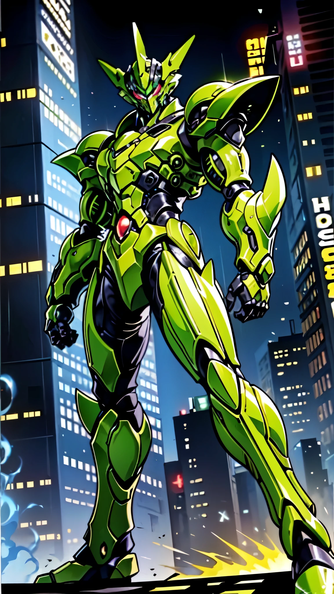 (masterpiece:1.5, best quality:1.5, extremely delicate:1.5, perspective:1.5, foreshortening:1.5, dynamic angle:1.5), a man wearing a full-face helmet, a fantasy-style biotech armored combat suit, green eyes, (a composite layered chest armor), fully enclosed shoulder guards, matching arm and leg guards, the belt is adorned with neon circuitry, (the color scheme is primarily black glow with green and red accents), the design balances heavy with agility, a high-tech bio-mecha armor, (Armor Concept Inspired by neon Cyberpunk, stand on the top of a skyscraper in a futuristic sci-fi city), this character embodies a finely crafted fantasy-surreal style armored hero in anime style, exquisite and mature manga art style, (battle damage, element, plasma, energy, the armor glows), ((male:1.5)), metallic, high definition, highres, ultra-detailed, ultra-fine painting, professional, perfect body proportions, golden ratio, anatomically correct, symmetrical face, extremely detailed eyes and face, high quality eyes, creativity, RAW photo, UHD, 32k, Natural light, cinematic lighting, masterpiece-anatomy-perfect