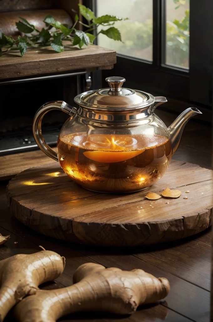 A quietly steaming stove captures the eye, the focal point of the scene. Above the flames, a transparent glass kettle holds a whole ginger root, releasing its essence into the boiling liquid. This vivid image, portrayed as a painting, showcases the intricate details of the kitchen scene. The stove gleams with polished metal, the kettle reflects the surrounding colors, and the ginger glistens with fresh vibrancy. The composition exudes warmth and texture, inviting viewers to appreciate the beauty in simplicity.