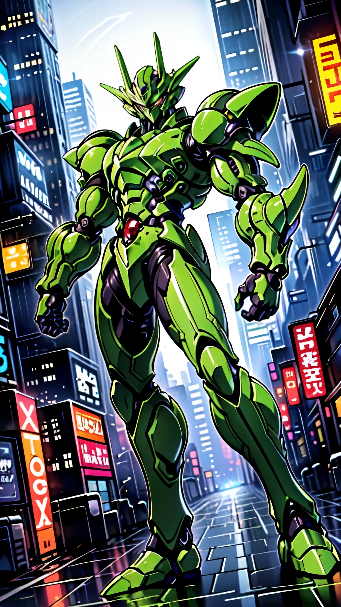 (masterpiece:1.5, best quality:1.5, extremely delicate:1.5, perspective:1.5, foreshortening:1.5, dynamic angle:1.5), a man wearing a full-face helmet, a fantasy-style biotech armored combat suit, green eyes, (a composite layered chest armor), fully enclosed shoulder guards, matching arm and leg guards, the belt is adorned with neon circuitry, (the color scheme is primarily black glow with green and red accents), the design balances heavy with agility, a high-tech bio-mecha armor, (Armor Concept Inspired by neon Cyberpunk, stand on the top of a skyscraper in a futuristic sci-fi city), this character embodies a finely crafted fantasy-surreal style armored hero in anime style, exquisite and mature manga art style, (battle damage, element, plasma, energy, the armor glows), ((male:1.5)), metallic, high definition, highres, ultra-detailed, ultra-fine painting, professional, perfect body proportions, golden ratio, anatomically correct, symmetrical face, extremely detailed eyes and face, high quality eyes, creativity, RAW photo, UHD, 32k, Natural light, cinematic lighting, masterpiece-anatomy-perfect