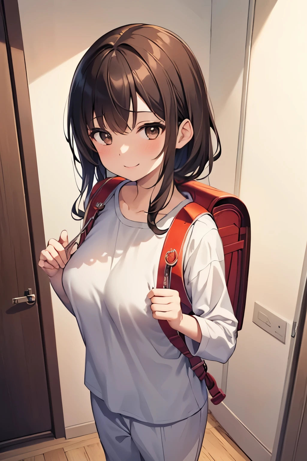 masterpiece, best quality, high resolution, extremely detailed, detailed background, cinematic lighting, 1girl, looking at viewer1 girl, brown hair, brown eyes, smile, wear pajamas,pajamas trouser, open pajama, showing breast, nipple, nfsw, bedroom, indoor, standing,carries randoseru backpack, (randoseru backpack:1.1)