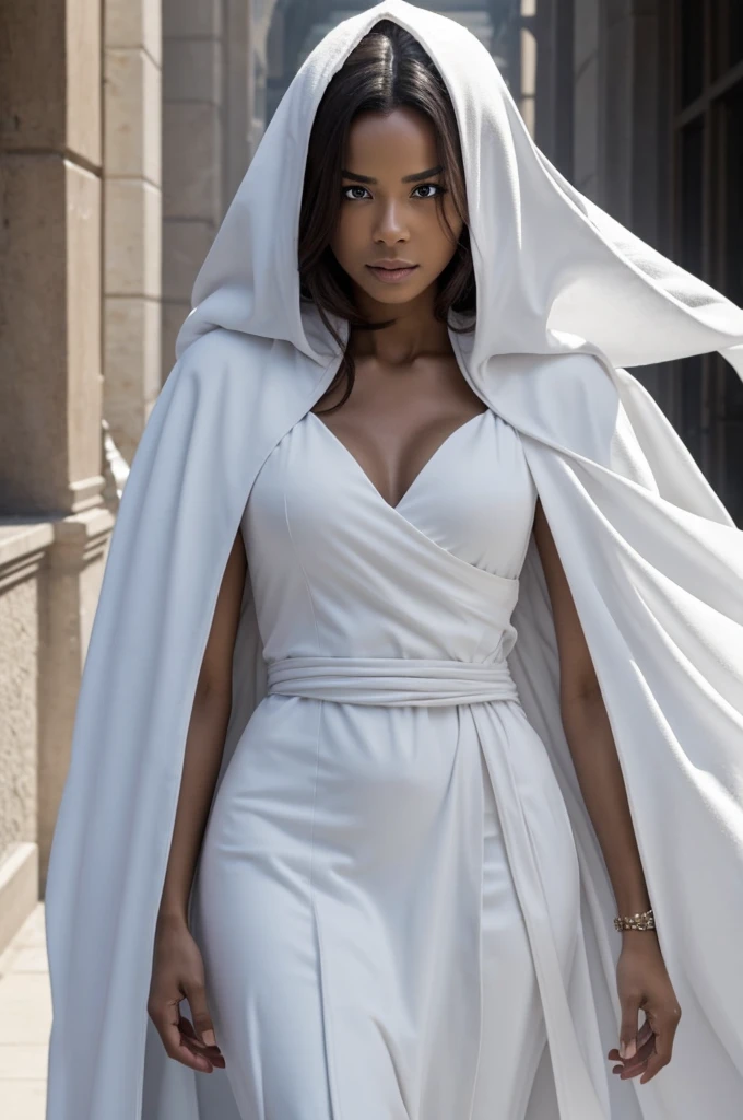 I need you to make a woman with a deformed body wrapped in a white cloak and it must cause fear