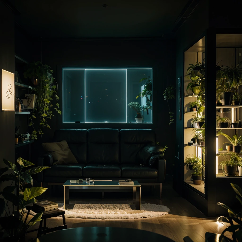 Futuristic living room at night, with a dim yellow ambient lighting, flowering plants, and a modern art decor on the dark wall